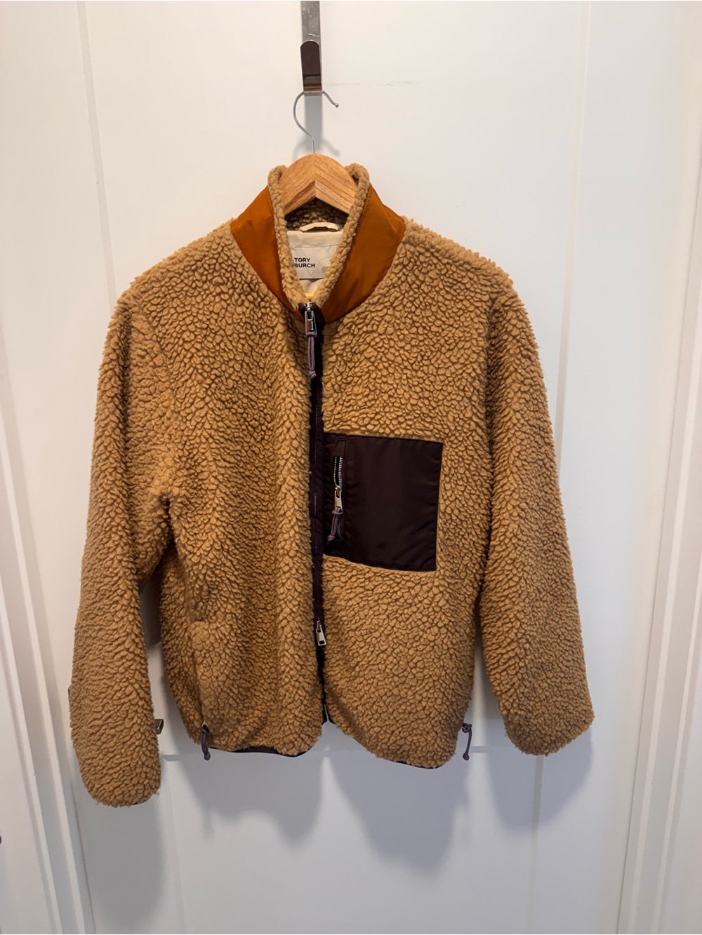 Tory Burch Tan Sherpa Jacket with Brown Pocket & Rust Collar